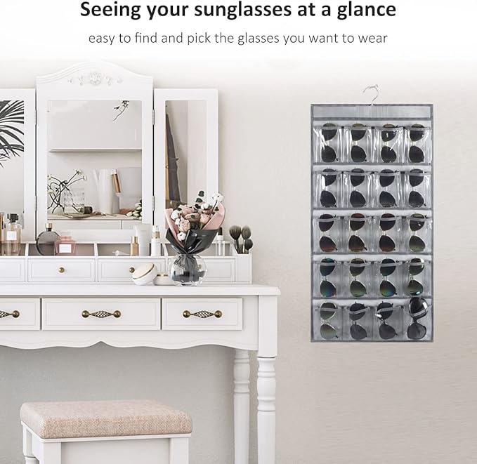 Hanging Sunglasses Organizer Wall Mounted Eyeglasses Holder with 20 Clear Slots (GREY)