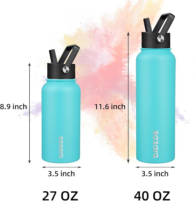 BJPKPK Insulated Water Bottles with Straw Lid, 40oz Stainless Steel Water Bottles with 3 Lids, BPA Free Leakproof Thermo, Tumblers, Cups for Sports, Gym- Turquoise