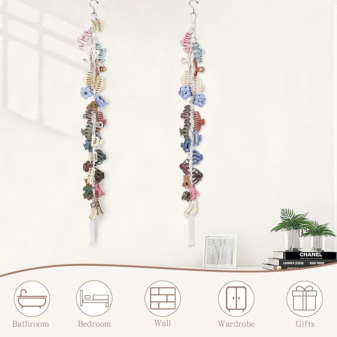 SNOWSTAR Macrame Hair Claw Clip Organizer with Rotating Hook and 20 Metal Rings,Hanging Hair Clip Holder and Storage for Women Girls,Claw Clips Hanger Home Decor for Wall,Door,Closet