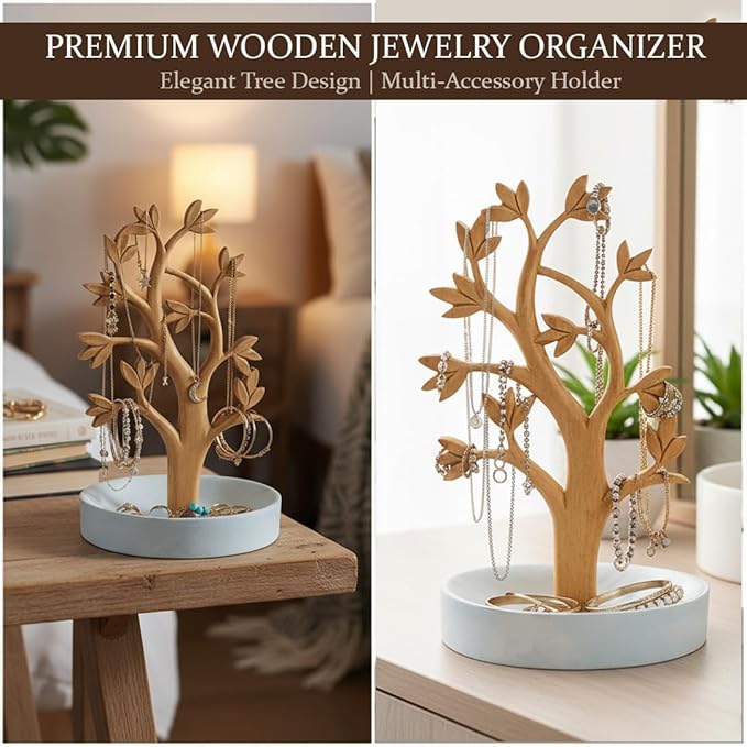 Decozen Jewelry Organizer Hanging Tree Stand - Necklace Holder Jewelry Organizer For Women with a Ring Dish Tray for Mothers Day Gifts, Valentines Day Gifts for Her, Gift for Mom, Home Decor