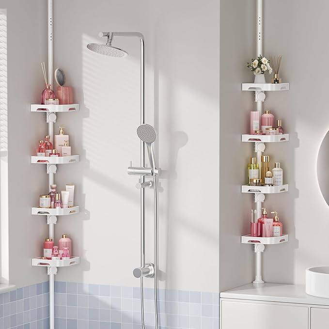 Tension Pole Shower Caddy Organizer with 4 Tier L-Shaped Rust Resistant Bathroom Corner Shelves with 34-124 Inch Adjustable No Drilling Quick Install Shower Rack for Bath Essentials (White)
