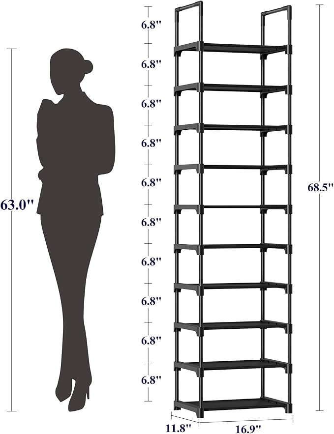 Kitsure Shoe Rack - 10-Tier Shoe Organizer with Detachable Fabric Shelves & Metal Frame, Tall Shoe Rack for Closet, Entrance, Living Room, 16.9" Wide - 10 Tier, Black
