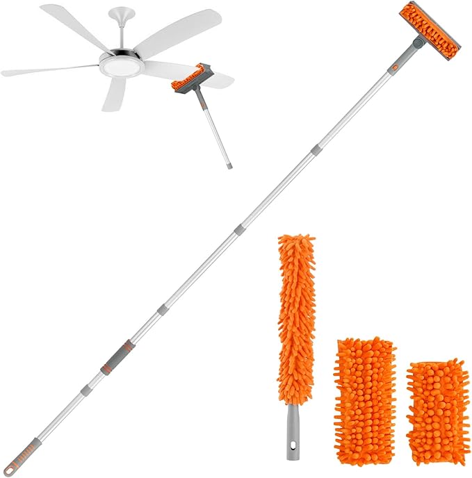 Ceiling Fan Cleaner Dusters with 72'' Extension Pole, Reusable Microfiber Pads High Ceiling Fan Blade Cleaning Tool for Baseboards, Blinds, Cobwebs