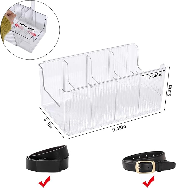Belt Organizer,2-Piece Set with Transparent Belt Rack and Adjustable Divider for Storing Underwear,Socks,tie Drawers and wardrobes