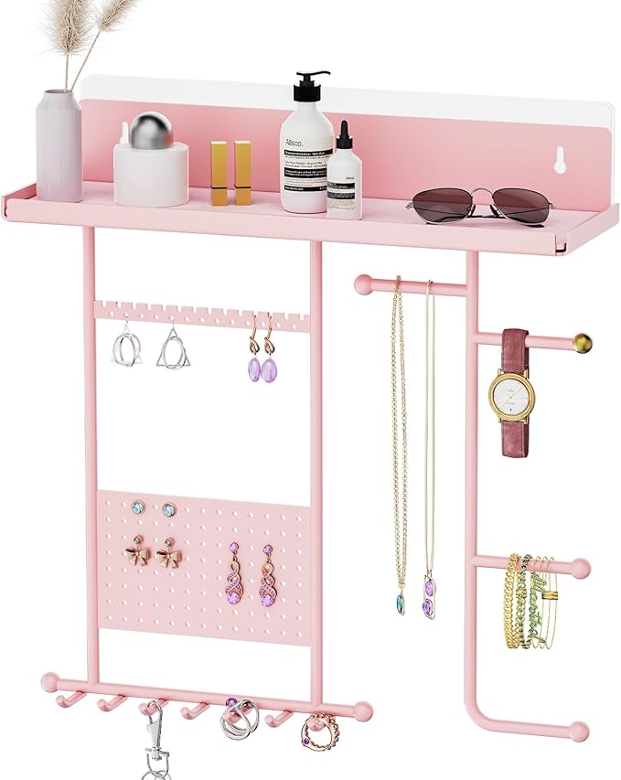 Wall Mounted Jewelry Organizer with Shelf: Metal Display Stand with Velvet Pad, Multi-Layer Necklace Hanging Rack for Bedroom Bathroom Space Saving No-Drill Wall Decor