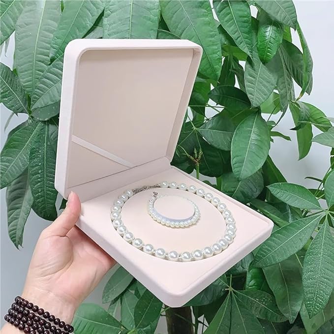 Jewelry Velvet Box Pearl Necklace Earring Bracelet Gift Display Case Wedding Jewelry Storage Holder (Beige For Pearl Necklace Bracelet)