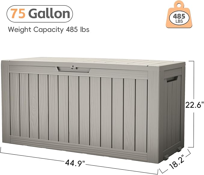 Outdoor Storage Box, 75 Gallon Deck Box Waterproof, Resin Patio Storage Bin for Package Delivery, Patio Furniture Cushion, Garden Tools, Pool Accessories, Weatherproof, Grey