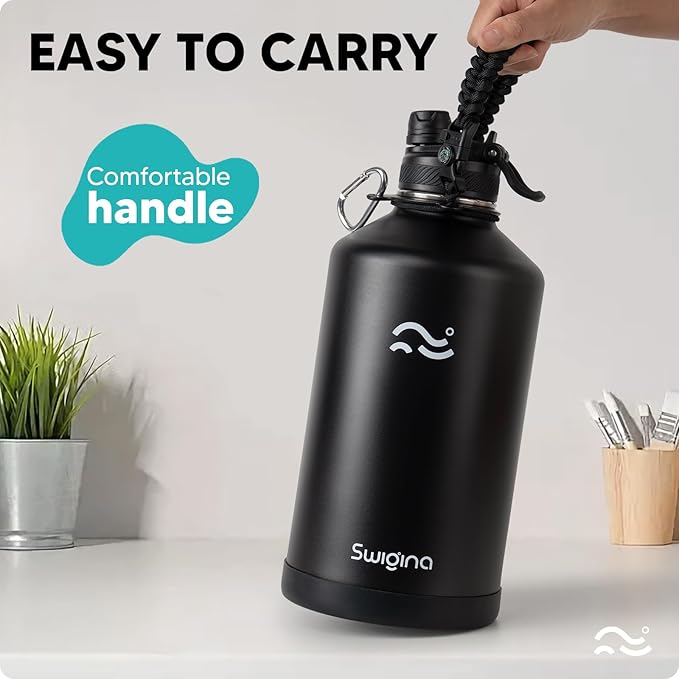 1 Gallon Insulated Water Bottle with Silicone Boot (48hrs Cold/24hrs Hot) - DIY Stickers, Leakproof, BPA Free, 128 oz [2-IN-1 LID]