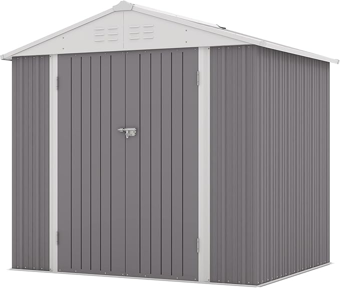 Patiowell 8x6 FT Outdoor Storage Shed, Garden Storage Shed with Sloping Roof and Double Lockable Door, Outdoor Sheds for Backyard Garden Patio Lawn, Gray