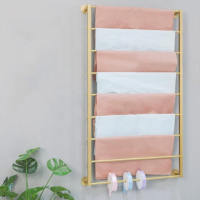 Wall Mounted Scarf Rack, Gold Silk Scarves Hijab Hanger Organizer Metal Racks Wrapping Tissue Paper Ribbon Holder Towels Storage Display for Flower Shop Retail Store (Gold, 10T-23.6×47.2IN)