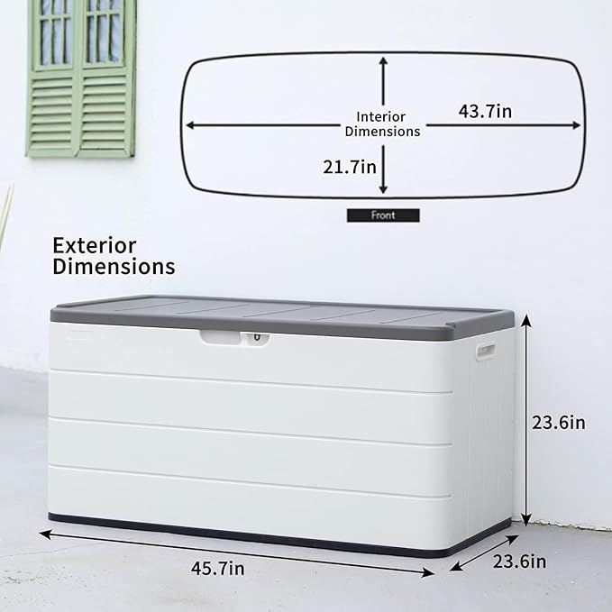 Outdoor Storage Box, 100 Gallon Plus Resin Deck Box Waterproof for Patio Furniture, Garden Tools and Pool Accessories, Lockable UV-Resistant Storage Bin Bench Cabinet for Outside, White