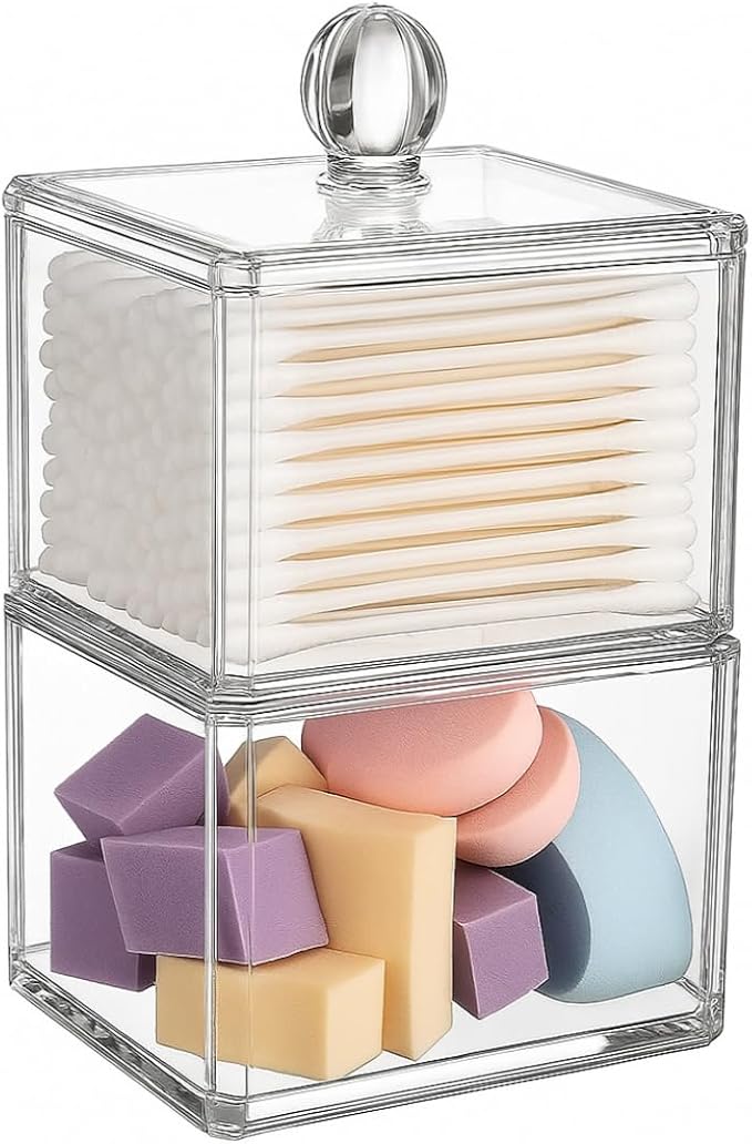 Stackable Square Acrylic Cotton Ball Holder Q-tip Holder Bathroom Swab Dispenser (Twin pack)