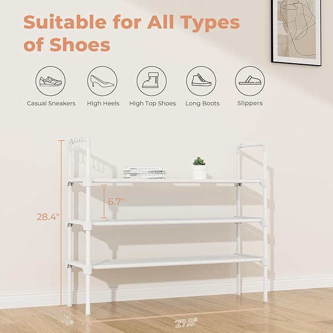 3 Tier Shoe Rack for Closet, Shoe Organizer with 5 Hooks, Long Shoe Shelf Storage for Shoe and Boot Stackable Free Standing Shoe Rack for Entryway, Garage, Small Spaces, Dorm, White