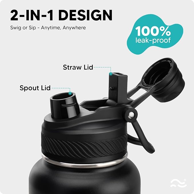 [2-IN-1 LID] Insulated Water Bottle with Silicone Boot (36hrs Cold/18hrs Hot) - DIY Stickers, Leakproof, BPA Free, 32 oz