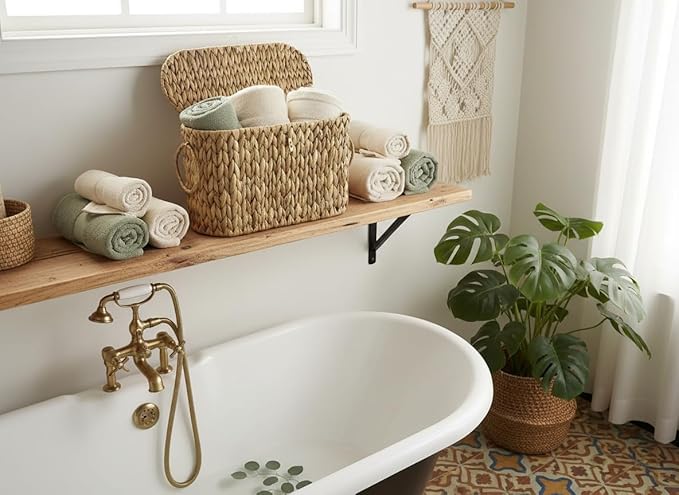 Toilet Paper Basket with Lid,Wicker Basket for Bathroom Organizers and Storage,Holds Up to 6 Mega Rolls, Decorative Hand-Woven Rattan Bathroom Decor Accessories,Natural Water Hyacinth