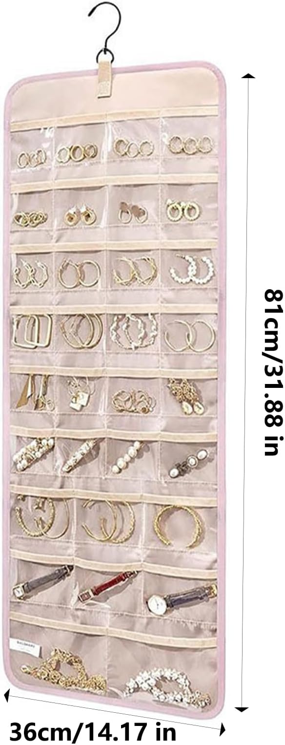 Hanging Jewelry Organizer Storage Roll- Closet Wall Jewelry Organizer Hanging with Hanger Metal Hooks Travel Jewelry Holder for Earrings, Necklaces, Rings (Black) (Pink)