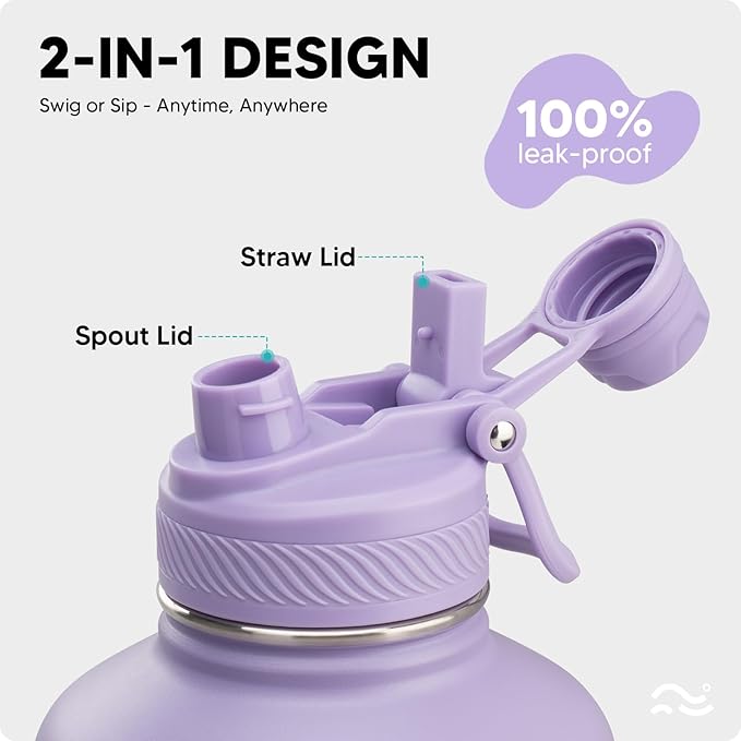 [2-IN-1 LID] 64 oz Insulated Water Bottle with Silicone Boot (48hrs Cold/24hrs Hot) - DIY Stickers, Leakproof, BPA Free, Half Gallon