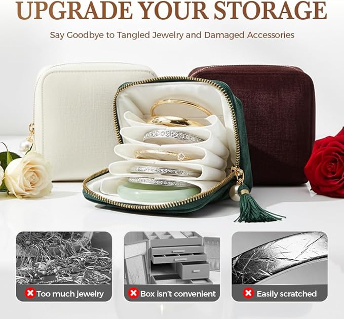 Travel Jewelry Case, Small Velvet Jewelry Pouch Bag with Zipper, Mini Portable Organizer for Earrings Rings Necklaces, Anti-Scratch Portable Storage Bag (Peacock Green)