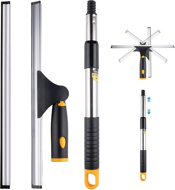 ITTAHO Shower Squeegee for Glass Doors, All-Purpose Extendable Window Squeegee with 2 Blades and Stainless Steel Pole, Window Cleaner Tool for Shower Doors, Windows, Bathroom and Car Windshields