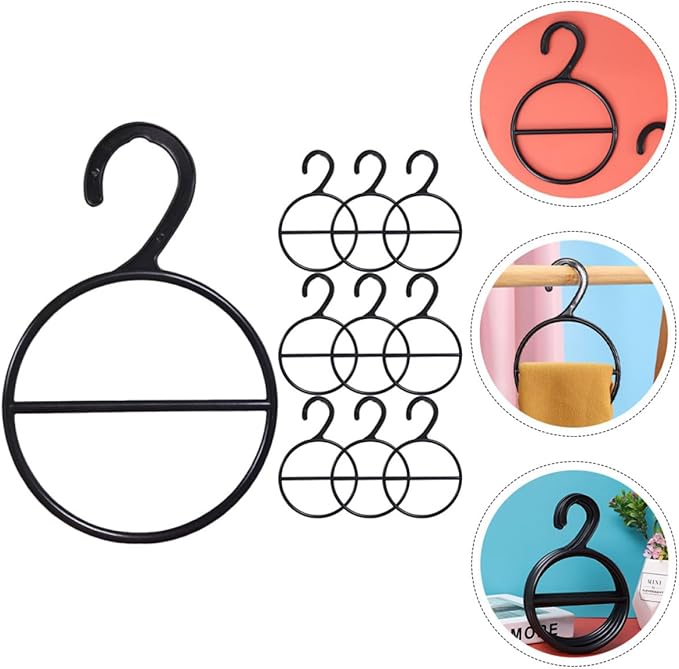 Lurrose Multifunctional Belt Ring Holder and Scarf Rack for Closet Organization, Black Plastic Clothing Hanger with 10 Pieces, Space-Saving Wardrobe Accessory Organizer for Ties and Belts