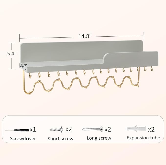 29 Hooks Wall Mount Necklace Holder Organizer, Gray Decorative Wood Jewelry Shelf with Gold Metal Wave Bar and Guardrail for Necklace, Pendant, Chain, Bracelet