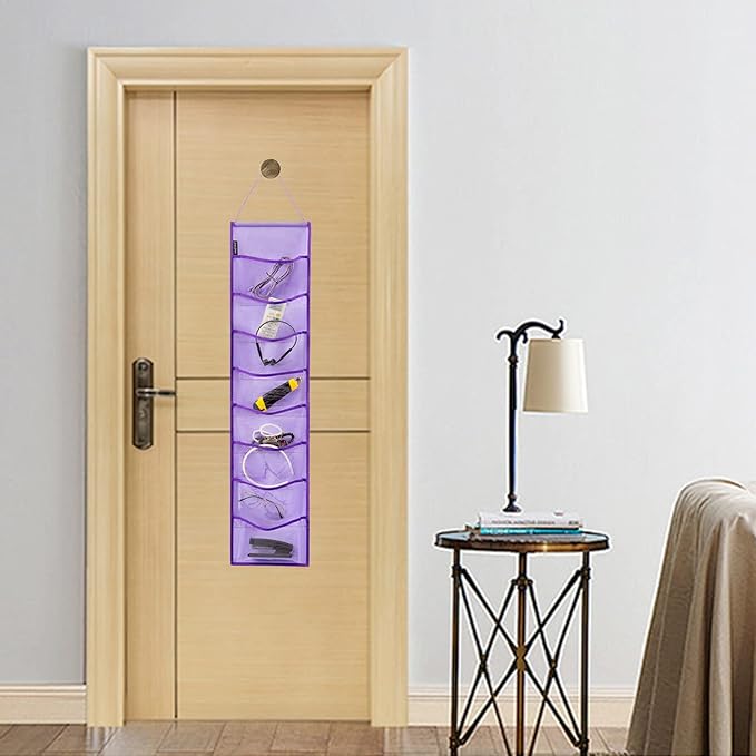 Wall Hanging Headband Organizer Ribbon Hair Hoops Storage Hairbands Hair Accessory Holder with Clear Pockets (PURPLE-8 POCKETS)