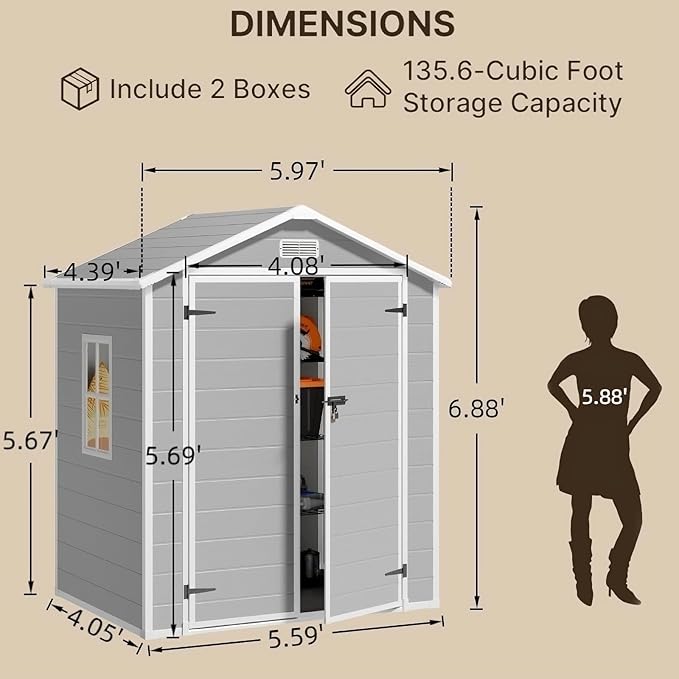 Gizoon 6x4.4 FT Outdoor Storage Shed with Floor, All-Weather Resin Garden Shed with Lockable Doors & Windows, Plastic Tool Sheds for Patio, Lawn & Garden (Grey)