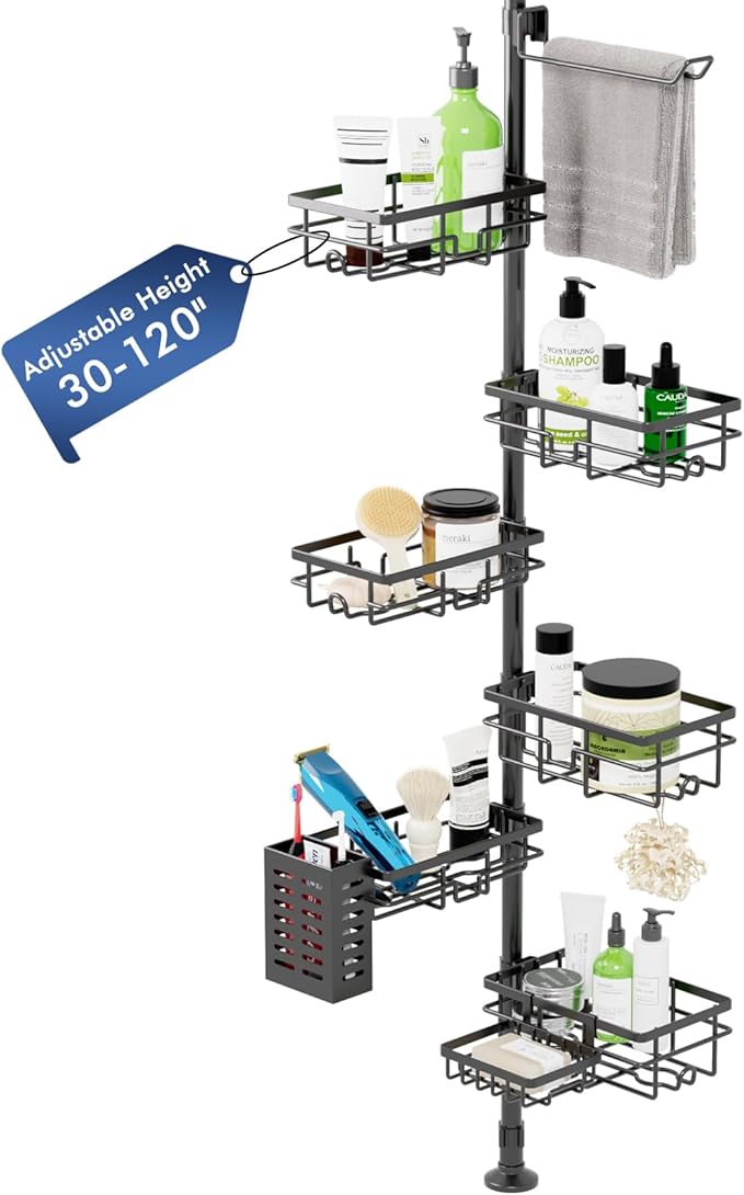Shower Caddy Organizer Tension Pole, Rustproof 6-Pack Corner Shelf with 30-120 Inch Adjustable Shower Rack for Inside Shower, Extra Towel Bar & Soap Dish for Bathroom Organizers and Storage, Black