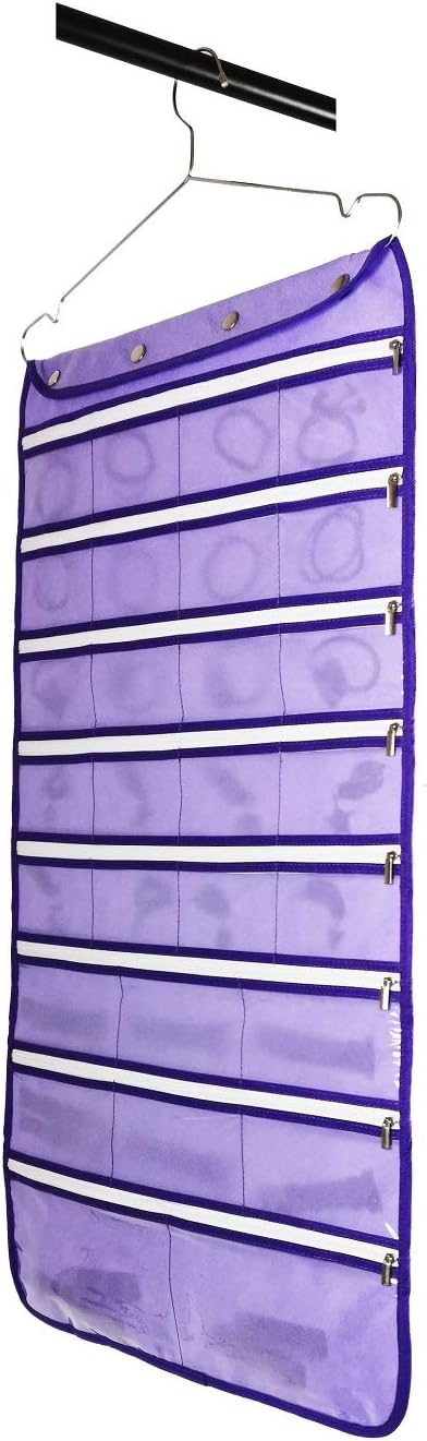 Dual Sided Hanging Jewelry Organizer with Hanger for Closet Necklace Earrings Bracelet Ring Travel Holder (56 Zippered Clear Pockets Purple)