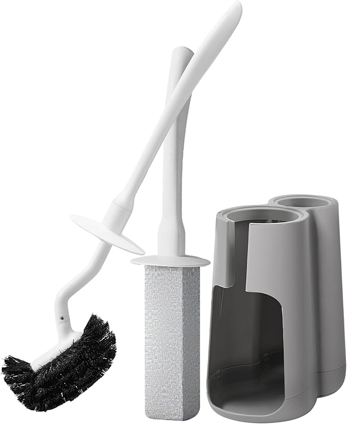 Toilet Brush and Holder Set with Pumice Stone – Long Handle Toilet Bowl Brush, Anti-Splash Scrubber, Ventilated Drip-Free Base, Deep Cleaner for Hard Water Stains, Limescale, Toilet Rings, Grey