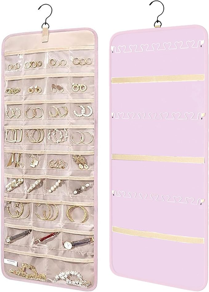 Hanging Jewelry Organizer Storage Roll- Closet Wall Jewelry Organizer Hanging with Hanger Metal Hooks Travel Jewelry Holder for Earrings, Necklaces, Rings (Black) (Pink)
