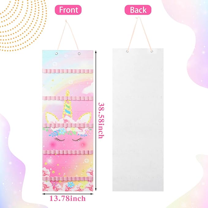 Tudomro Hanging Headband Holder for Girls Felt Hair Accessories Organizer with 60 Elastic Bands Bow Hanger Hair Bows Without Headbands(Unicorn,Pink)
