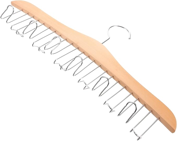 Uonlytech Wooden Belt Hanger and Scarf Holder for Closet, Multi-Function Accessory Organizer with Anti-Slip Round Hooks, Natural Solid Wood Rack for Hats, Belts, and Scarves Storage in