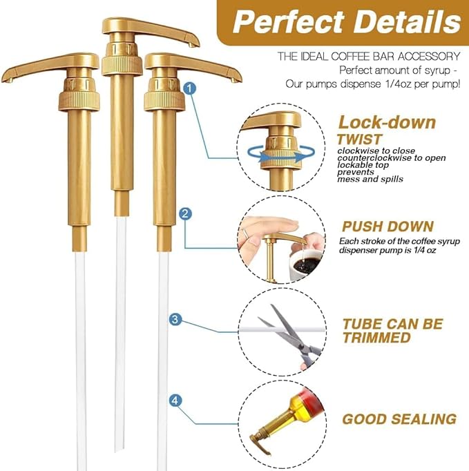 25 Pcs Gold Coffee Syrup Pumps, Compatible with 25.4 Oz/750ml Bottles, Great for Home & Coffee Bar Drinking Mixes, Tea, Beverage, Cocktails, Plus Spoons