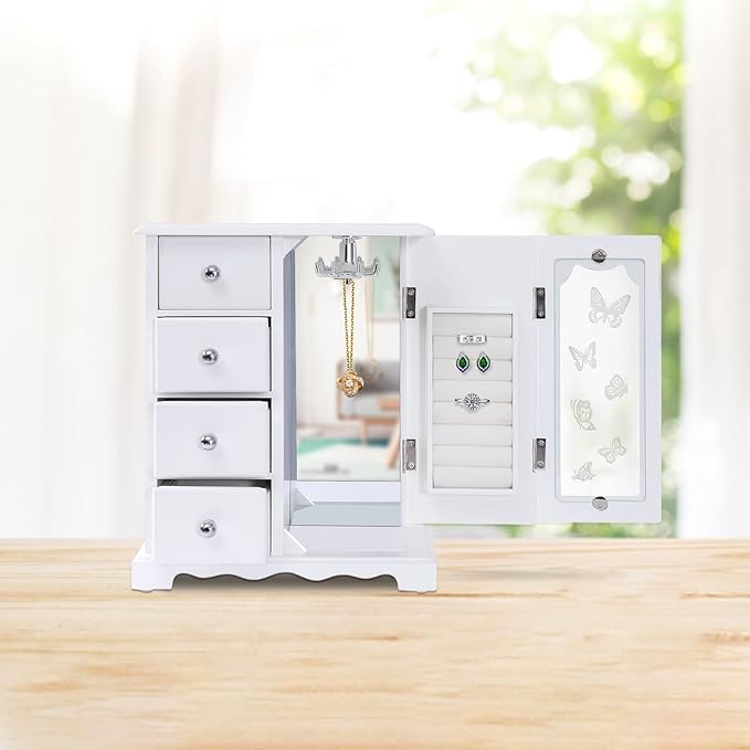 Jewelry Box,Solid Wood with 4 Drawers Organizer and Built-in Necklace Carousel and Large Mirror Jewelry Box, Moderne Makeup and Accessories Organizer Girls Ring Storage,White