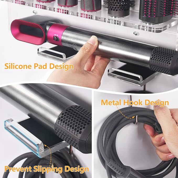 Affogato Wall Mount Holder Compatible with Dyson Airwrap Styler Accessories Acrylic Storage Holder Compatible with Dyson Airwrap Attachments Organizer Rack for Wand Barrels Brushes, Transparent Clear