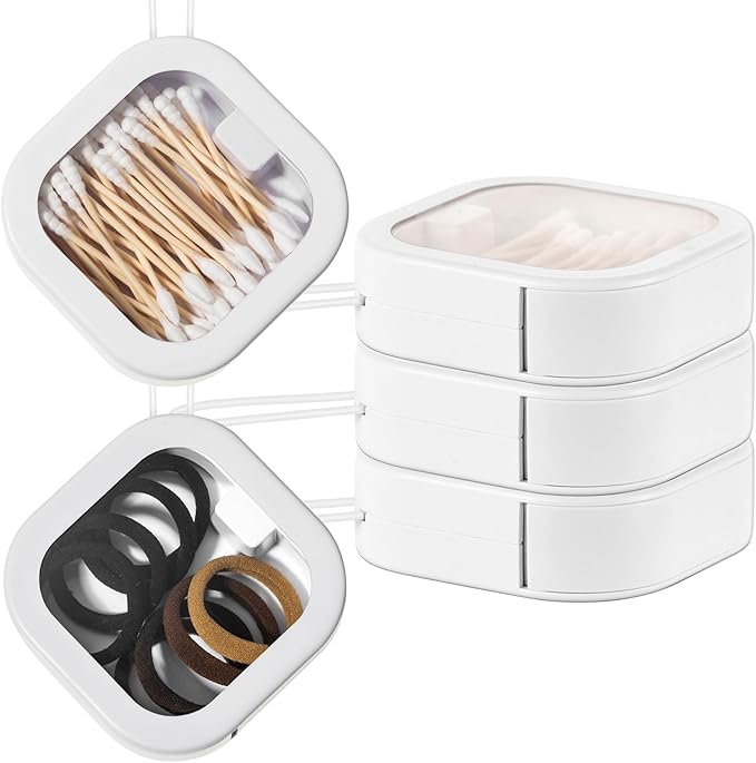 Kathfly 3 Hair Tie Organizer, Bobby Pin Holder, Cotton Swab Dispenser, Stackable Hair Accessory Jewelry Organizer Box, Hanging Tie Container, Travel Case for Women Desk Desktop(White)