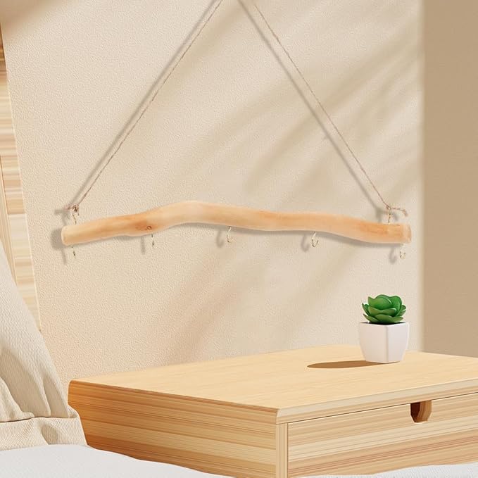 15 Inch 5 Hook Driftwood Wall Hanging Wall Mounted Jewelry Holder Natural Branch with Twine Rope Farmhouse Vintage Drift Wood Pieces Easy to Use Necklace Mount Hanger for Dried Flowers Crafts