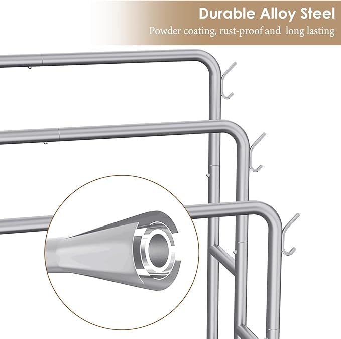 Kayfia 40" Tall Standing Towel Rack for Extra Large Towel, 3 Tier Floor Towel Stand with Storage Basket & Hook, Freestanding Blanket Ladder Display and Drying Rack for Bathroom Living Room