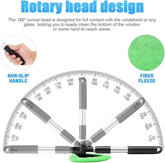 Windshield Cleaning Tool, Car Window Cleaner with Extendable Long Handle and 4 Washable Reusable Microfiber Pads, Auto Interior Exterior Glass Wiper Cleaning Kit Universal for Office and Home (Pueple)