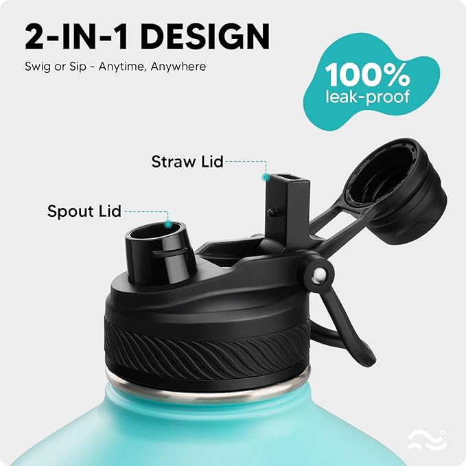 [2-IN-1 LID] Gallon Insulated Water Bottle with Silicone Boot (48hrs Cold/24hrs Hot) - DIY Stickers, Leakproof, BPA Free, 128 oz