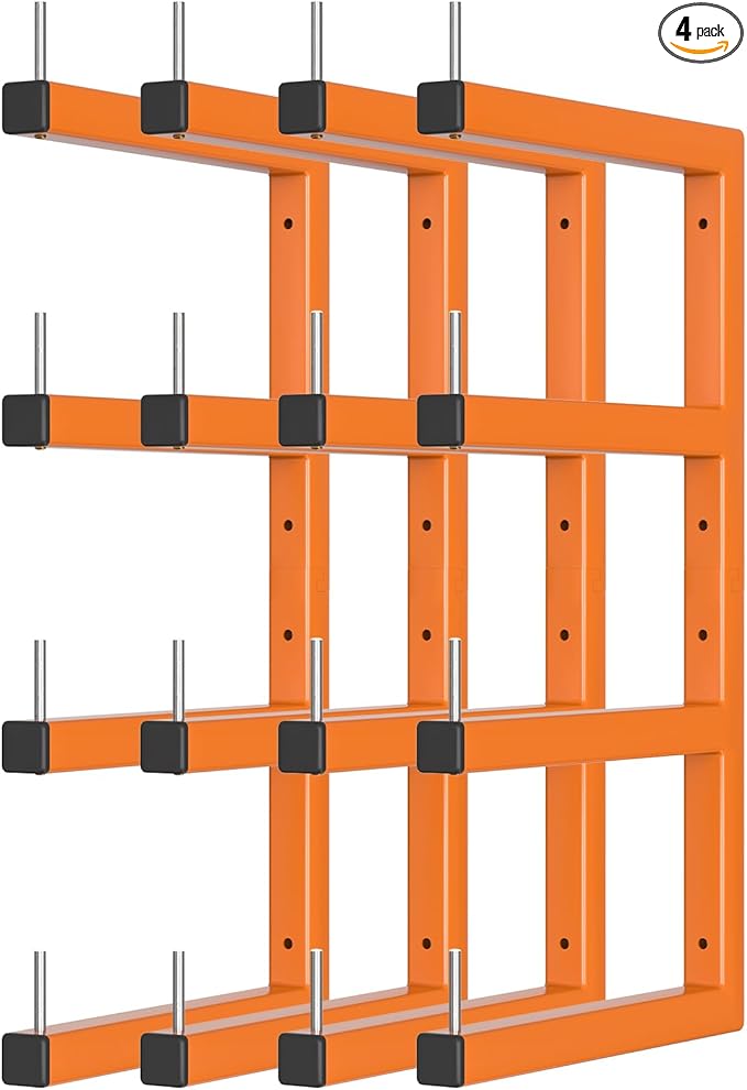 4-Pack Lumber Storage Rack, Wood Storage Racks Wall Mount, Heavy Duty Garage Wood Organizer With 8-Level System, Orange Utility Rack Organization Up 1600 Lbs, Metal Lumber Shelf for Indoor & Outdoor