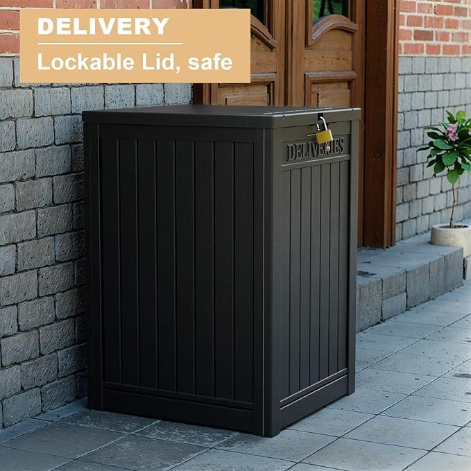 EasyUp Outdoor Package Delivery Box, 55-Gallon Lockable Parcel Drop Box, Large Double-Walled Resin Weatherproof Storage Deck Box for Porch and Patio (Black)