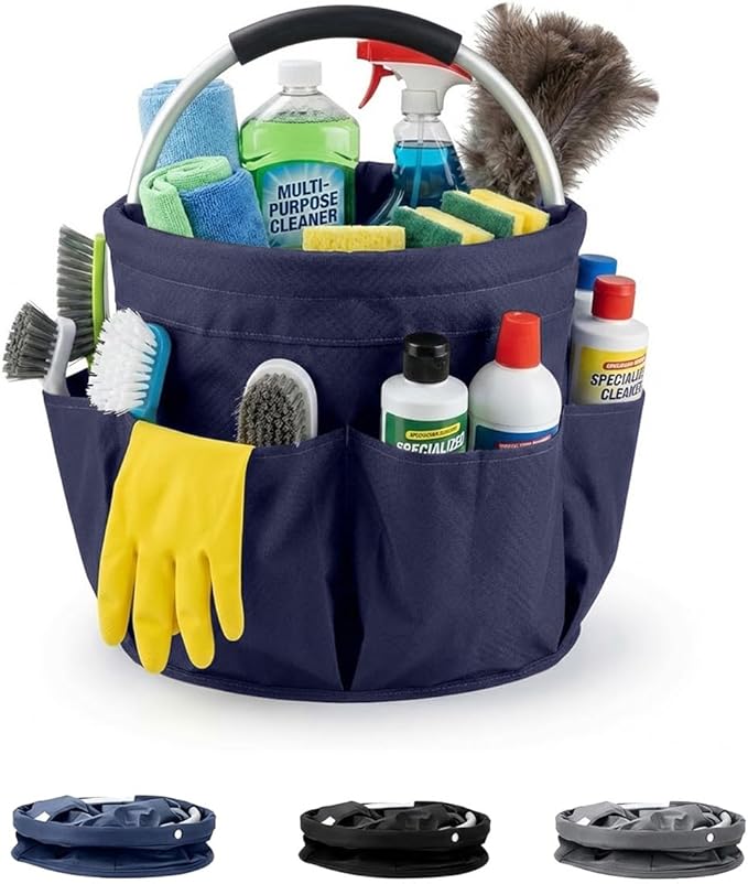 Multifunctional 17L Cleaning Caddy,Foldable 600D Organizer Bag with EVA Grip and 6 Pockets,Portable Storage Tote for Housekeeping,Car Detailing,Garden,Bathroom and Dorm (blue)