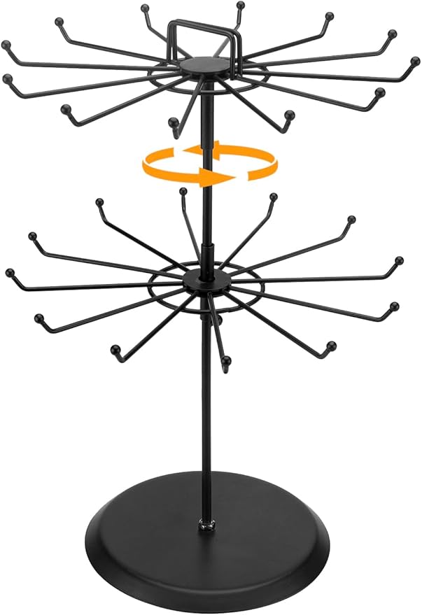 MyGift 2 Tier Black Metal Rotating Necklace tree stand for vendor & bracelet holder Jewelry Stand with 24 Hooks, Multipurpose Accessory and Keychain Spinning Display with Top Handle Card organizer