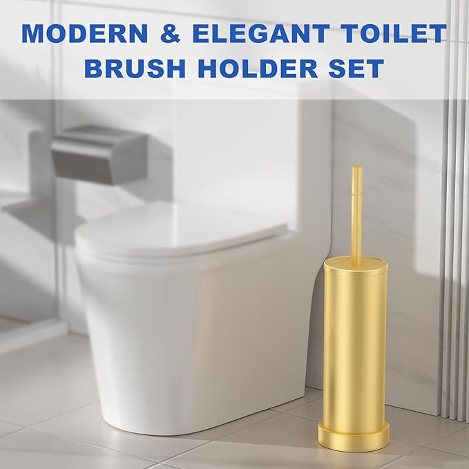 Toilet Brush and Holder Set: 304 Stainless Steel Brushed Gold Toilet Bowl Brush and Holder with Removable Inner Bowl and Splash Protection, Heavy Duty Long Handle Bathroom Cleaning Tool