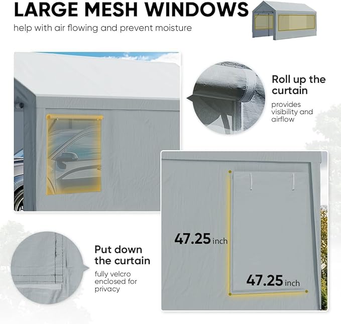 ADVANCE OUTDOOR Replacement Mesh Window Sidewall Tarp for 10/12x20 ft Carport Canopy, Heavy-Duty Waterproof & UV Protected, Easy Installation with Ball Bungees, Sliver Gray, One Sidewall Only