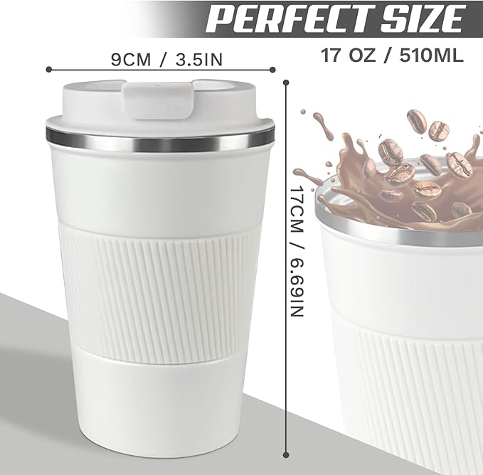 Vacuum-Insulated Stainless Steel Travel Coffee Mug, Leak-Proof Reusable Coffee Cup with Lid - Keep Hot & Cold Drinks for Hours, Durable Insulated Tumbler for Men & Women(3rd-White, 17OZ)
