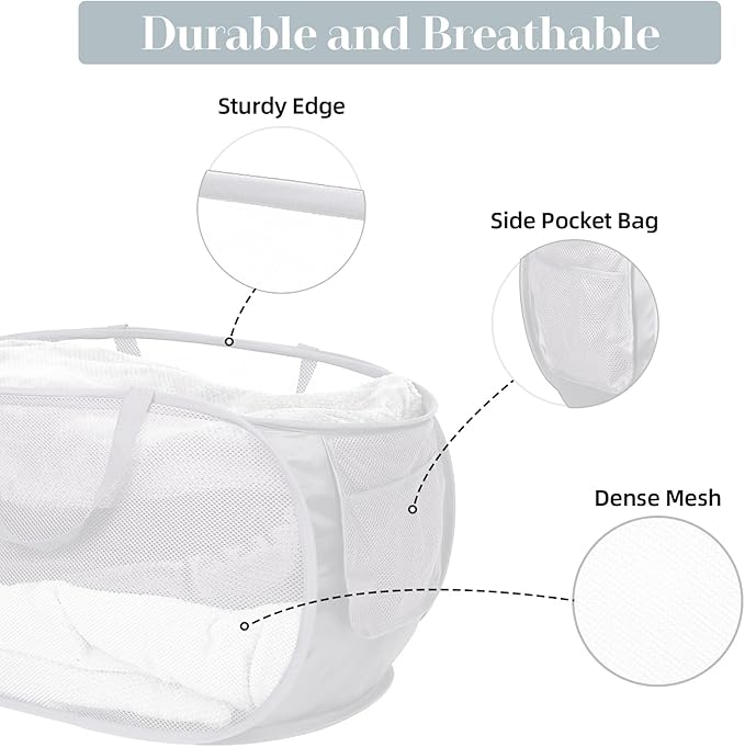 4 Pack Foldable Laundry Basket Hamper, Collapsible Laundry Baskets with Pocket, Mesh Pop Up Laundry Hamper, Clothes Hamper with Reinforced Handles for Laundry, Bathroom, Kids Room, Dorm or Travel