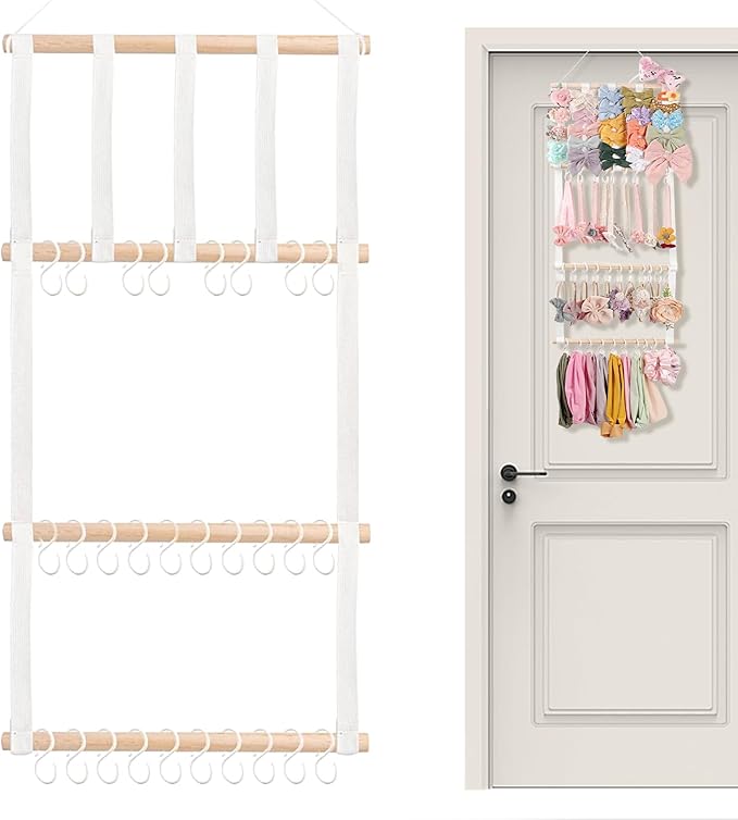Hair Bow Organizer – Headband Storage Rack, Necklace Display Holder | 30 Hook Hanging Solution, Wall Mounted Accessory Organizer For Bedroom Kids Closet Playroom Nursery Decor